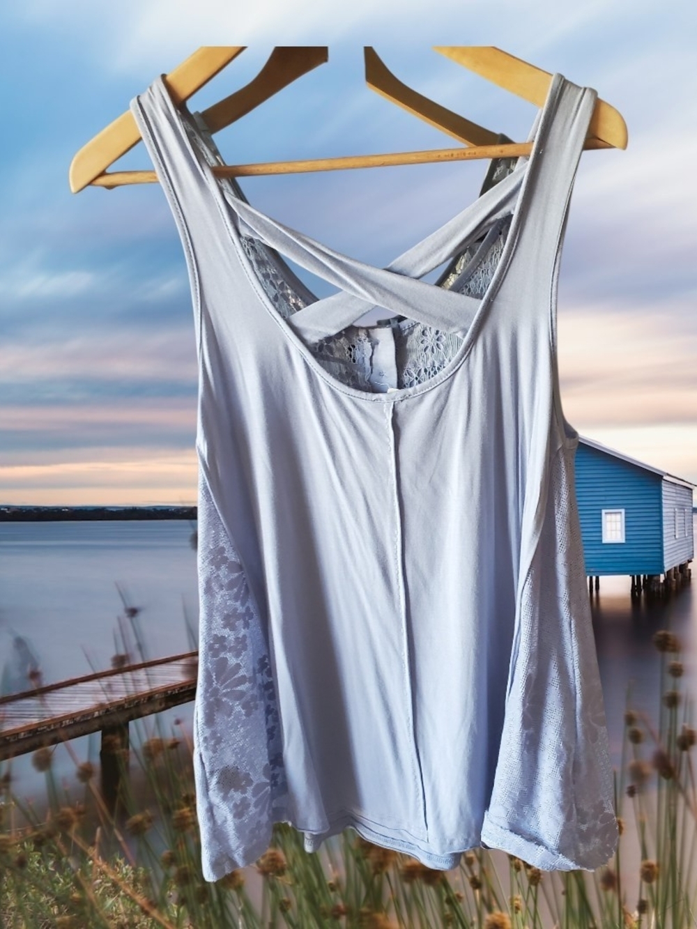 POL Light Periwinkle small Lace-Back Sleeveless Tunic